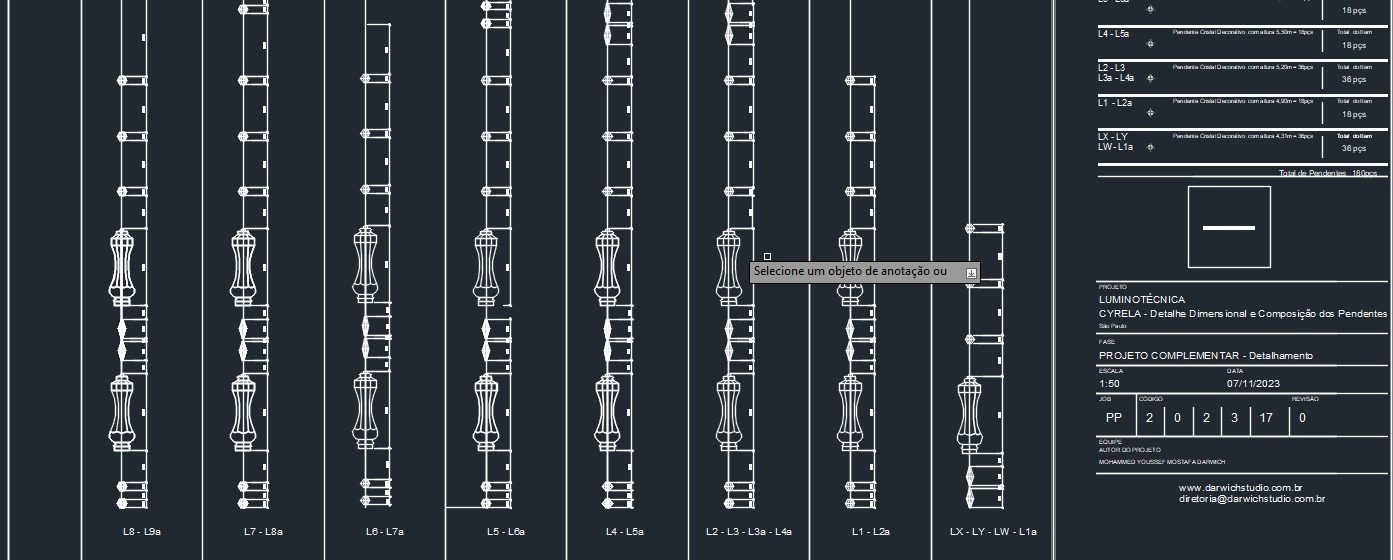 Cyrela On The Park — Cascata de Cristal em Bolhas Suspensas — Desenho técnico da composição dos pendentes de cristal, vista geral