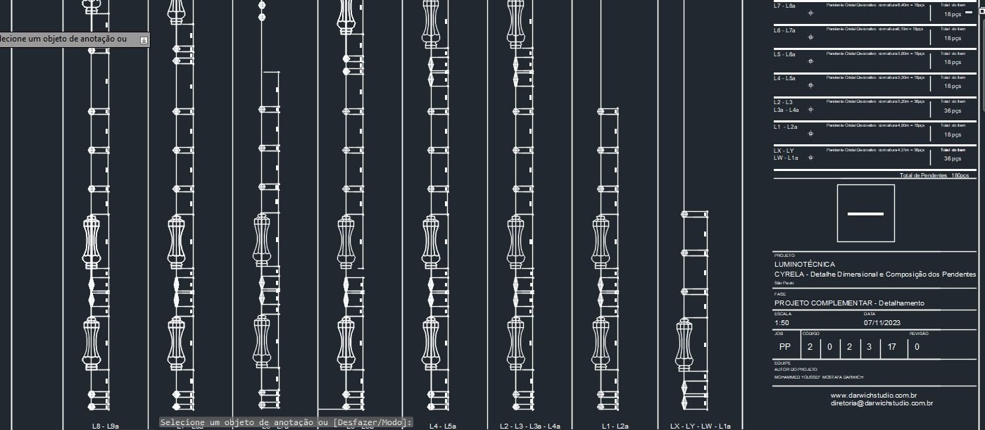 Cyrela On The Park — Cascata de Cristal em Bolhas Suspensas — Desenho técnico da composição dos pendentes, com legenda