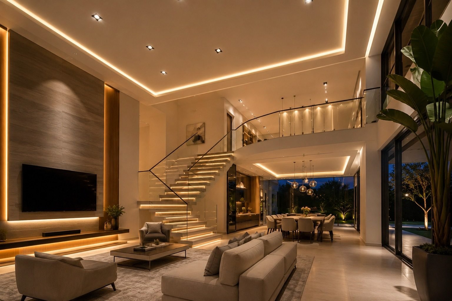 Ambiente residencial com iluminação LED embutida e pendentes de cristal