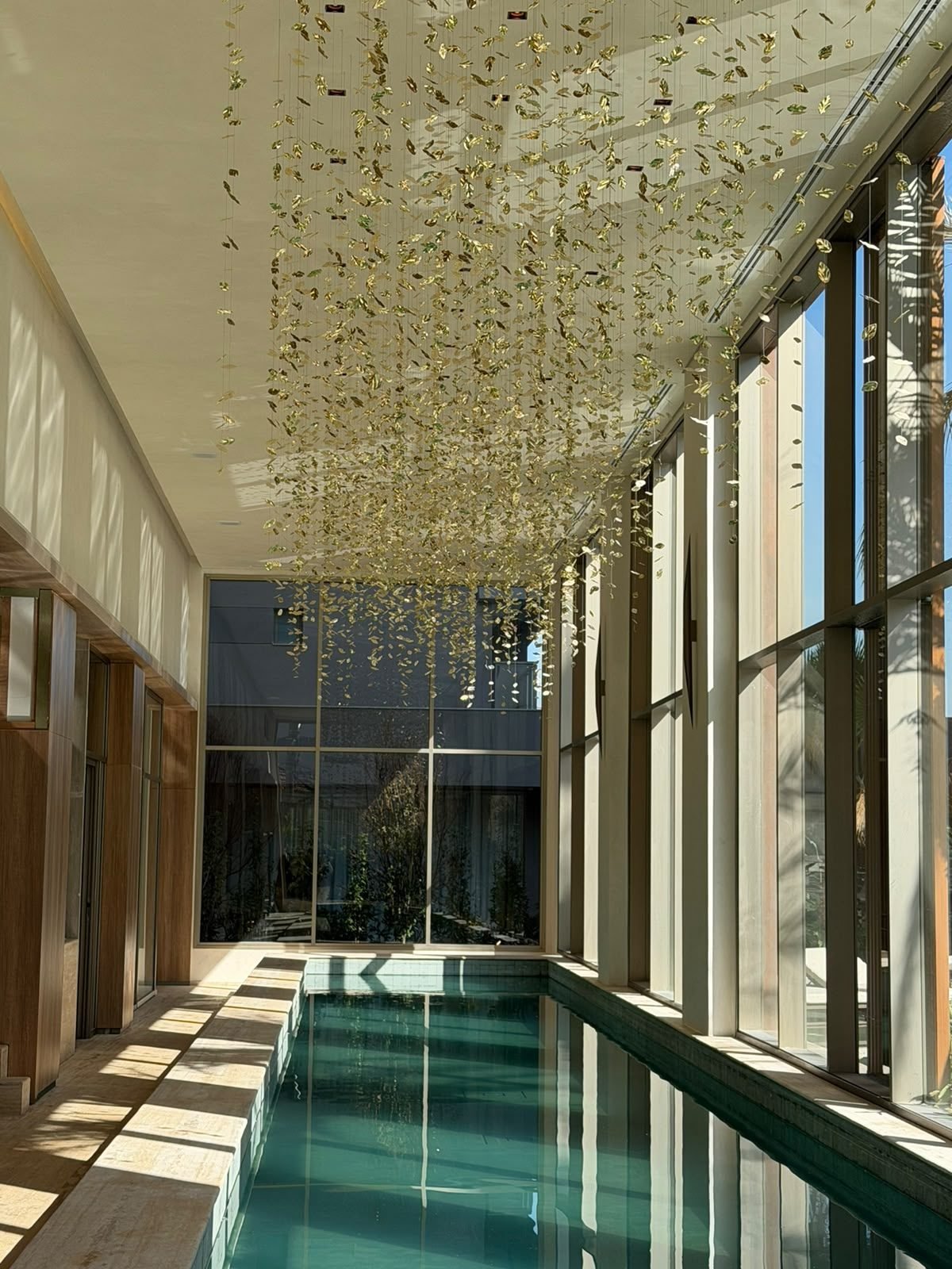 Casa Ibirapuera — Corredor em Folhas Douradas — Corredor de folhas douradas finalizado, vista geral sobre a piscina