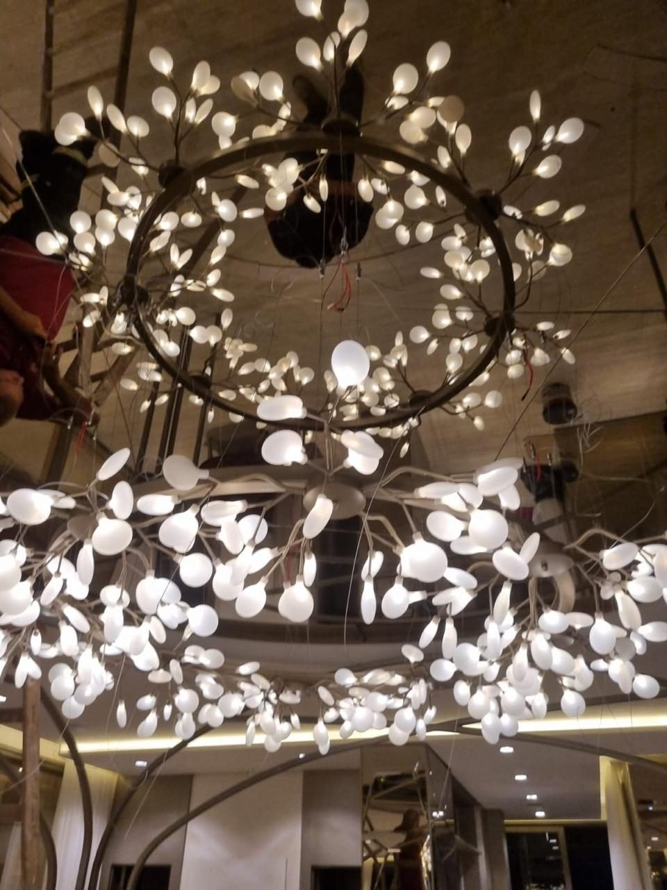 Cyrela Oscar Freire 1560 — Lustre em Anel de Folhas Iluminadas — Vista inferior do lustre em anel de folhas iluminadas, em composição dupla