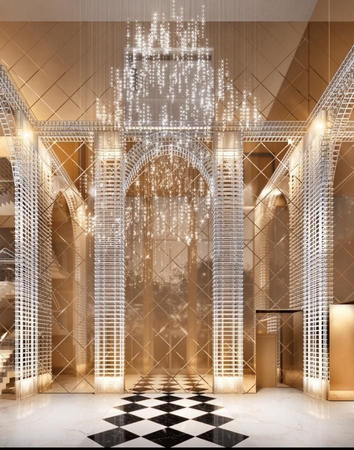 Cyrela On The Park — Cascata de Cristal em Bolhas Suspensas — Render conceitual — cascata de pendentes de cristal em arcos espelhados sobre piso xadrez, projeto para o hall de entrada