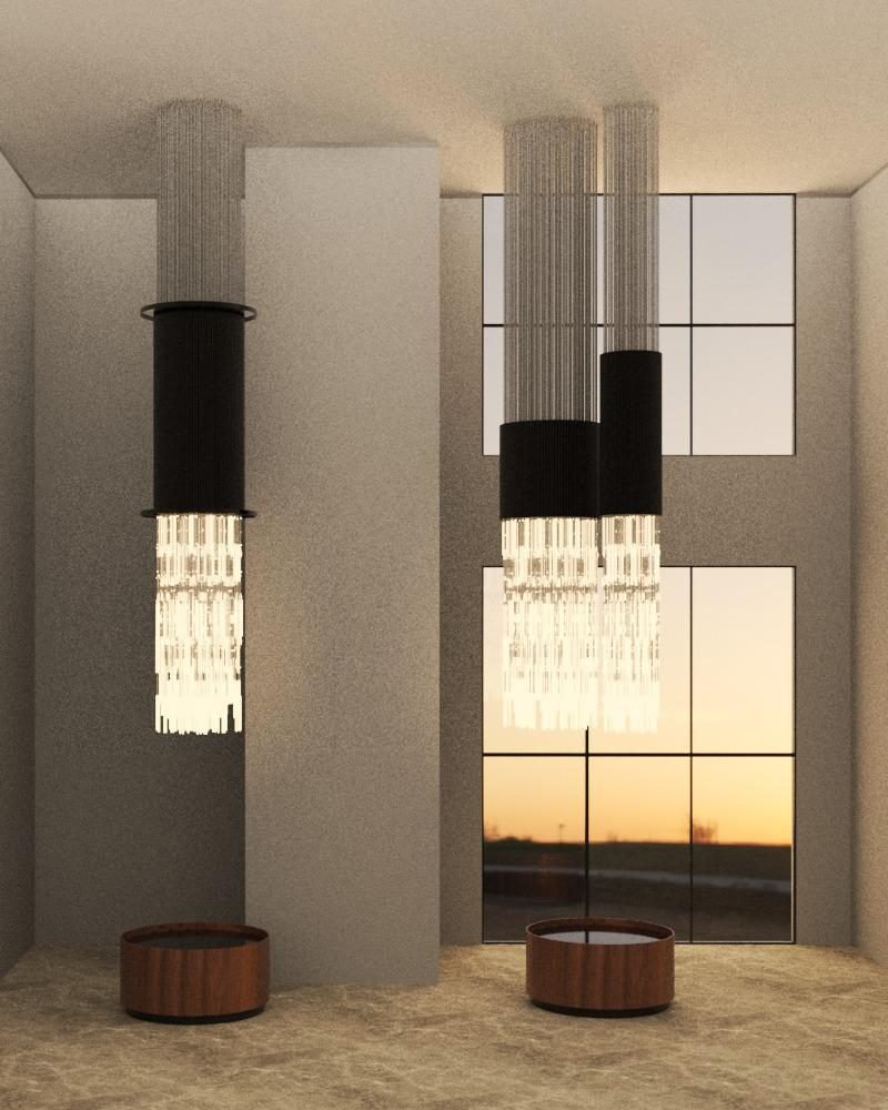 Maison Cyrela Perdizes — Trio de Lustres Cilíndricos em Veludo Preto e Cristal — Render conceitual dos lustres cilíndricos, etapa de design