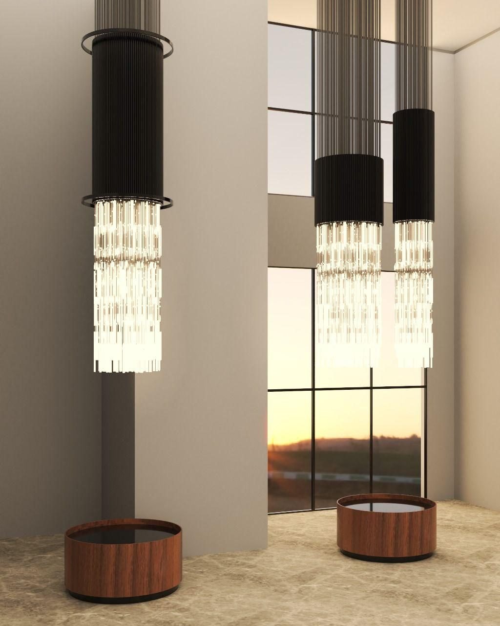 Maison Cyrela Perdizes — Trio de Lustres Cilíndricos em Veludo Preto e Cristal — Render conceitual (versão alternativa não construída)