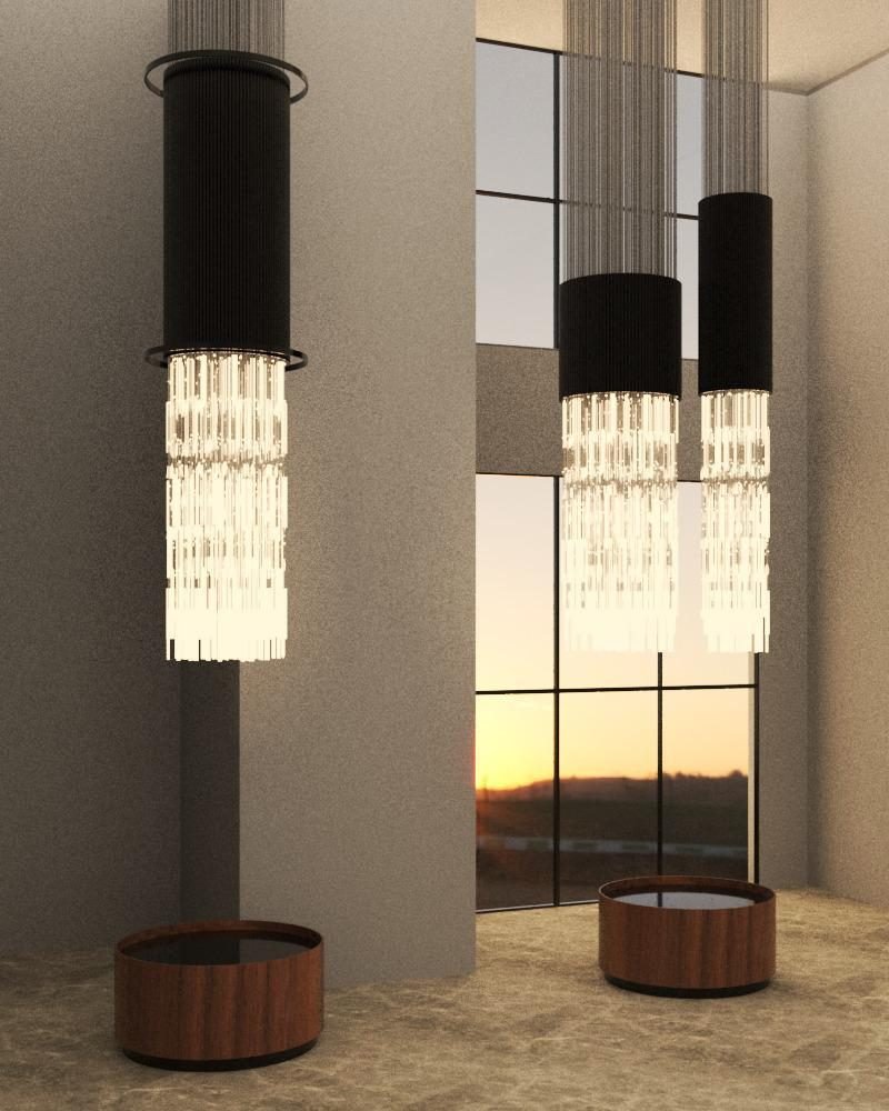 Maison Cyrela Perdizes — Trio de Lustres Cilíndricos em Veludo Preto e Cristal — Render conceitual (versão alternativa não construída)